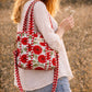 Handmade Cotton Mini Tote Bag - Lila - Wild Meadow - Poppy hanging on a wooden hook, showcasing its floral design.