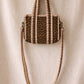 Handmade Cotton Mini Tote Bag - Lila - Wild Meadow -Sable with a stylish leopard print design, hung on a wooden hook.