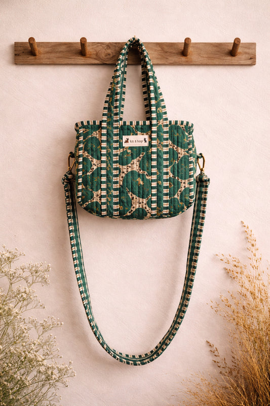 Handmade Cotton Mini Tote Bag - Lila - Wild Meadow - Olive hanging on a wooden hook with a stylish design.