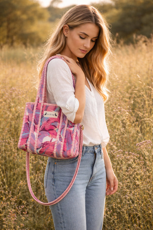 Handmade Cotton Mini Tote Bag - Lila - Wild Meadow - Paloma hanging against a wall with floral decorations.