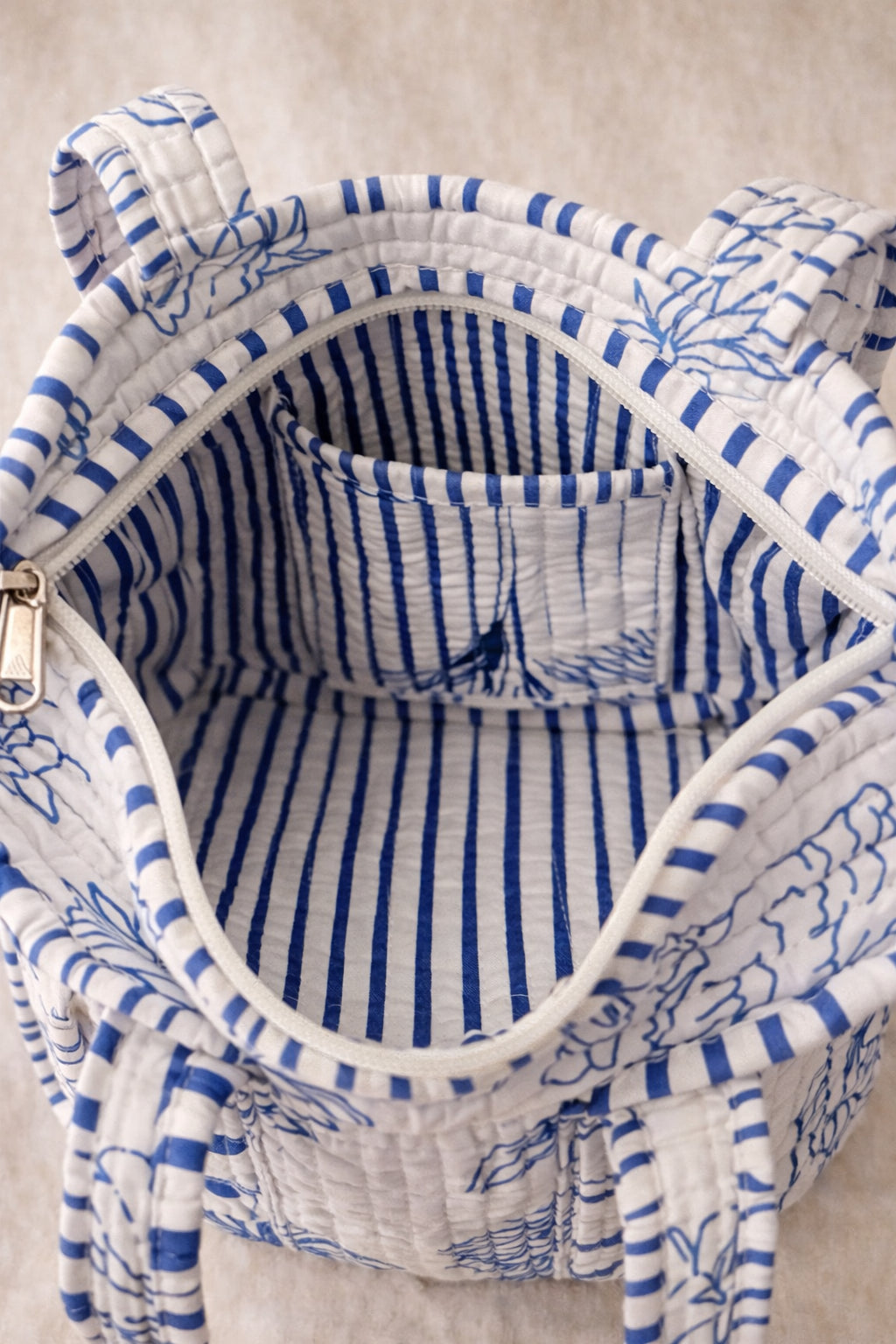 Handmade Cotton Mini Tote Bag - Lila - Wild Meadow -Skye, featuring blue and white floral design, lightweight and practical.