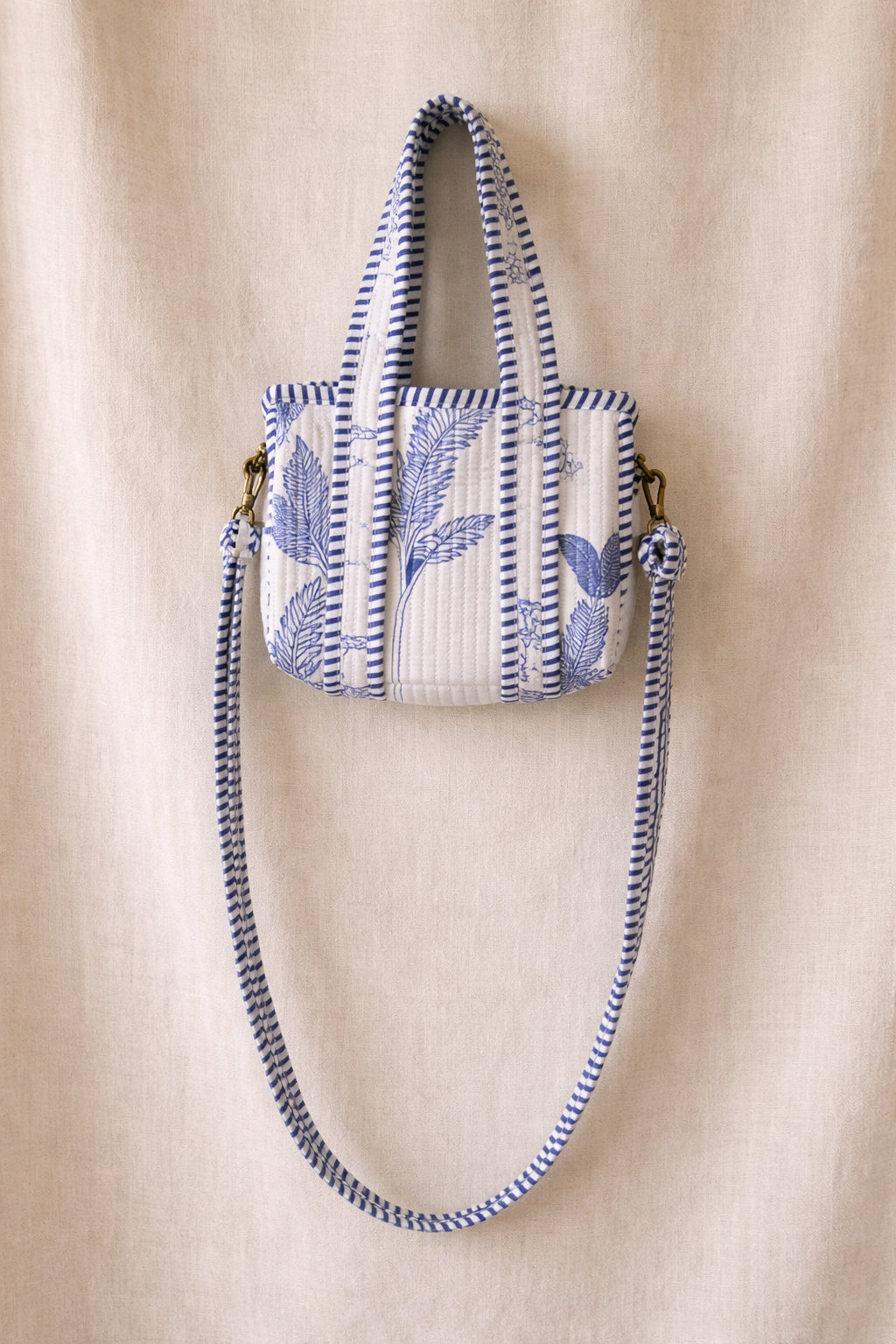 Handmade Cotton Mini Tote Bag - Lila - Wild Meadow -Skye, featuring blue and white floral design, lightweight and practical.