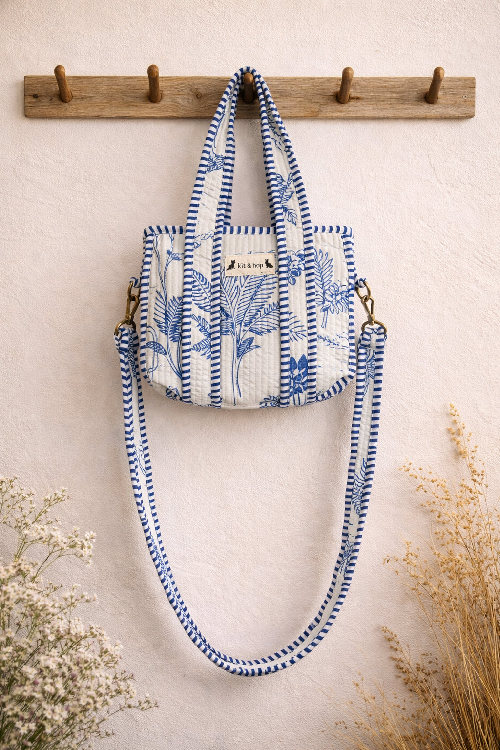 Handmade Cotton Mini Tote Bag - Lila - Wild Meadow -Skye, featuring blue and white floral design, lightweight and practical.