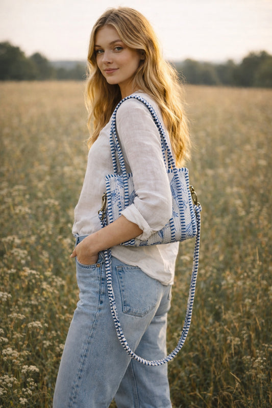 Handmade Cotton Mini Tote Bag - Lila - Wild Meadow -Skye, featuring blue and white floral design, lightweight and practical.