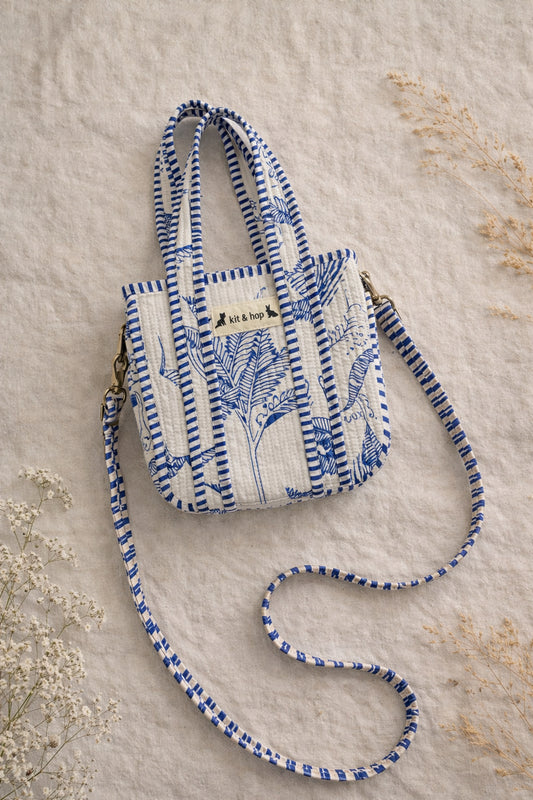 Handmade Cotton Mini Tote Bag - Lila - Wild Meadow -Skye, featuring blue and white floral design, lightweight and practical.