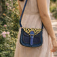 Handmade Leather Crossbody Bag - Romy - Walled Garden - Bluebell Garden with leopard print flap and blue leather base