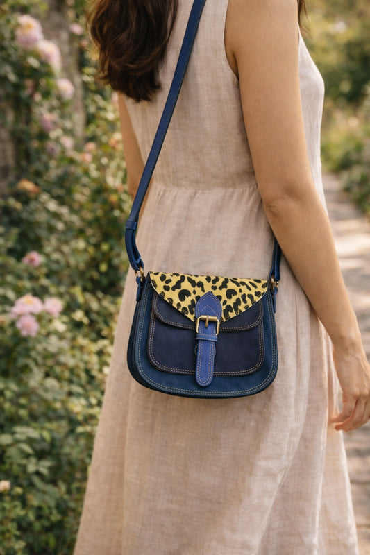 Handmade Leather Crossbody Bag - Romy - Walled Garden - Bluebell Garden with leopard print flap and blue leather base