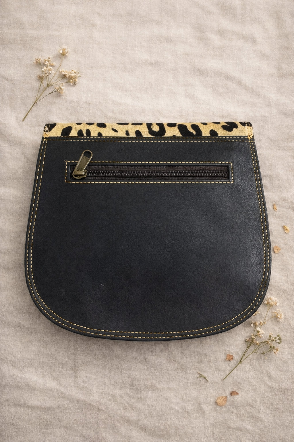 Handmade Leather Crossbody Bag - Romy - Walled Garden - Bluebell Garden with leopard print flap and blue leather base