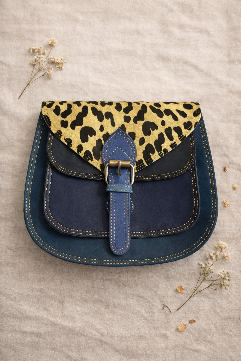 Handmade Leather Crossbody Bag - Romy - Walled Garden - Bluebell Garden with leopard print flap and blue leather base