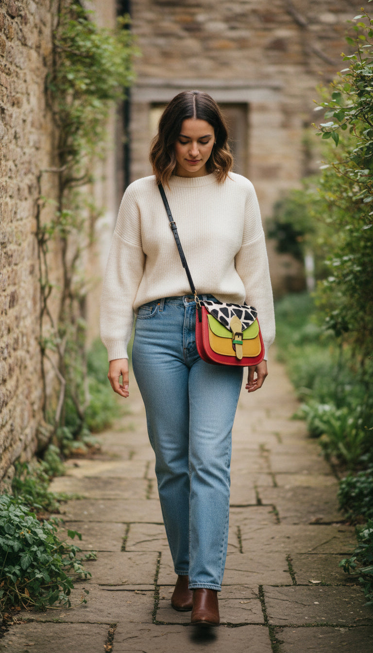 Handmade Leather Crossbody Bag in vibrant colors: green, yellow, red, and black and white print, showcasing unique design.