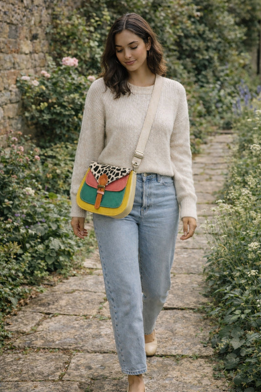 Handmade Leather Crossbody Bag - Romy - Walled Garden - Primrose & Fern, featuring vibrant colors and unique design.