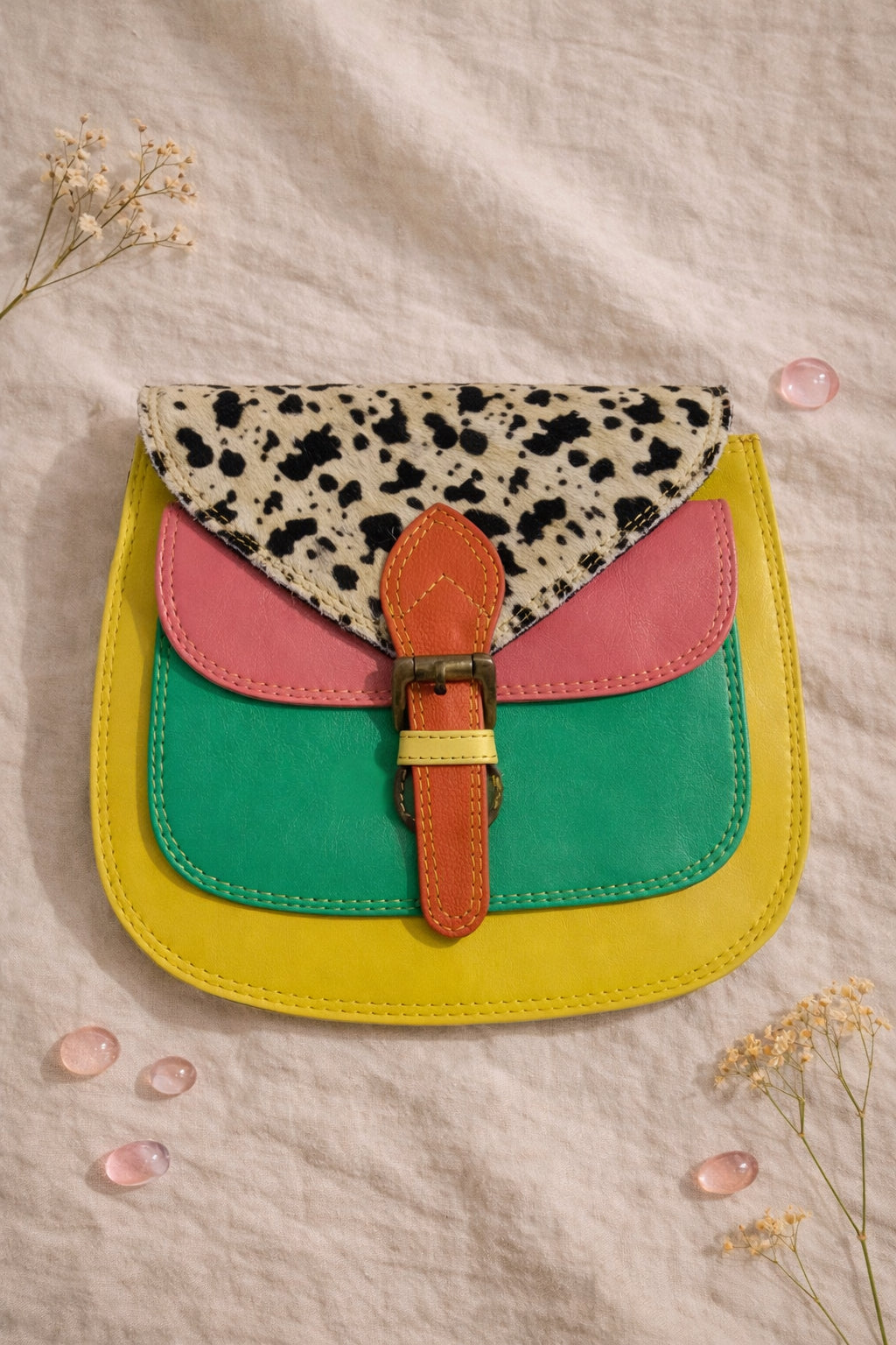 Handmade Leather Crossbody Bag - Romy - Walled Garden - Primrose & Fern, featuring vibrant colors and unique design.