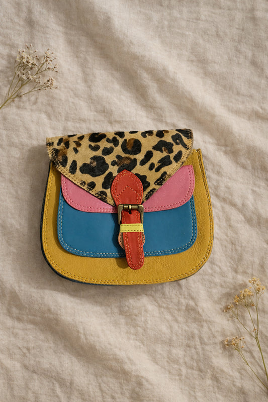Handmade Leather Crossbody Bag - Romy - Walled Garden - Golden Leopard with colorful panels and leopard print flap.