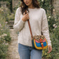 Handmade Leather Crossbody Bag - Romy - Walled Garden - Golden Leopard with colorful panels and leopard print flap.