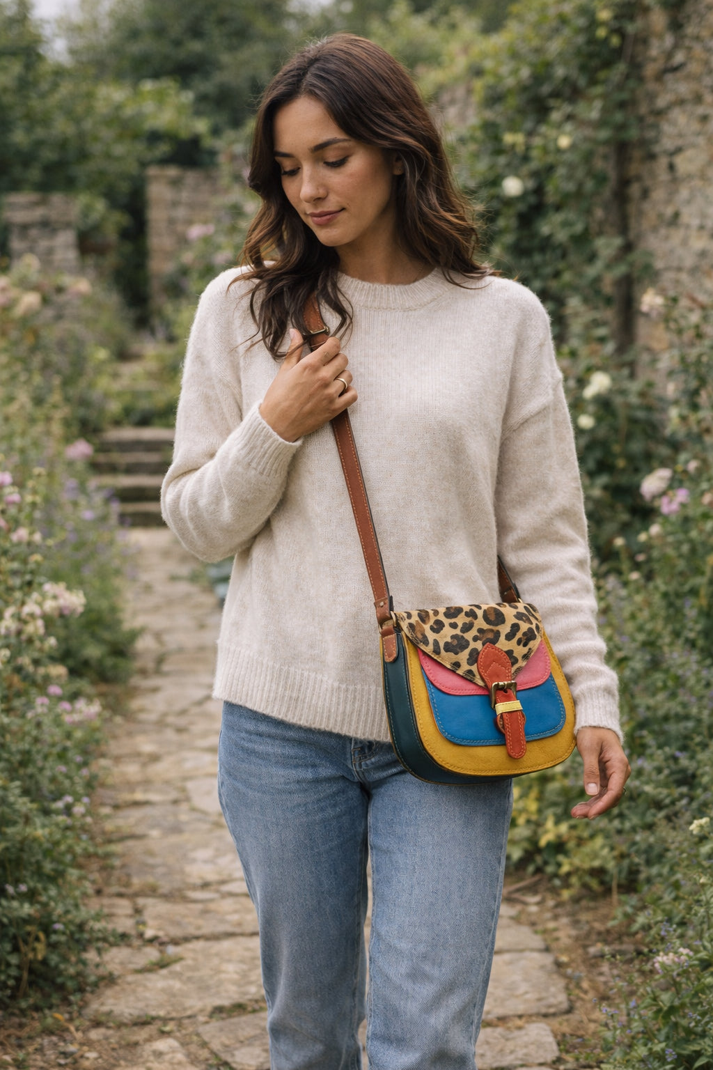 Handmade Leather Crossbody Bag - Romy - Walled Garden - Golden Leopard with colorful panels and leopard print flap.
