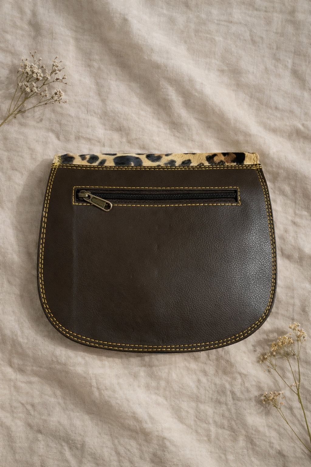 Handmade Leather Crossbody Bag - Romy - Walled Garden - Golden Leopard with colorful panels and leopard print flap.