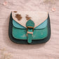 Handmade Leather Crossbody Bag - Romy in Walled Garden Mint with unique patchwork and buckle detail.