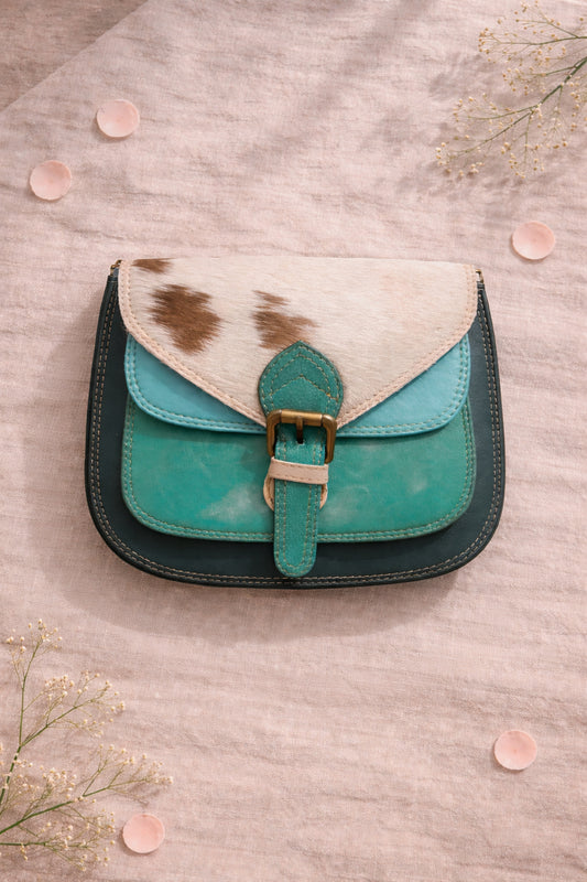 Handmade Leather Crossbody Bag - Romy in Walled Garden Mint with unique patchwork and buckle detail.