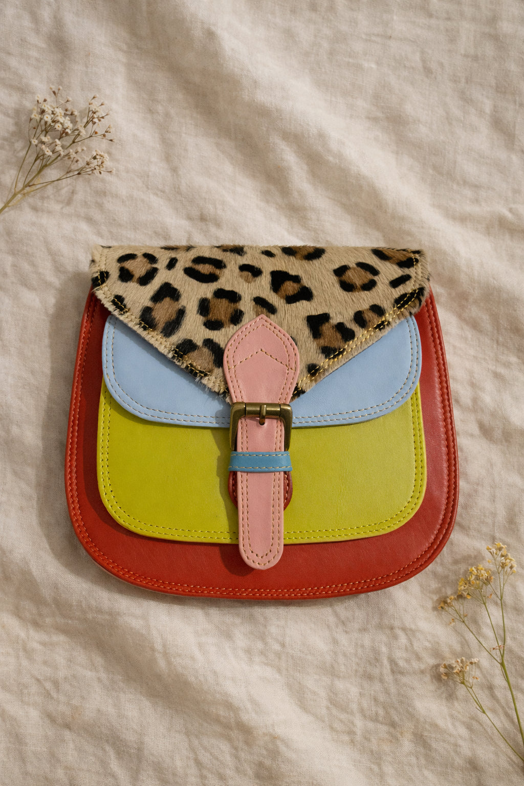 Handmade Leather Crossbody Bag - Romy - Walled Garden - Sun Leopard with colorful design and leopard print flap.