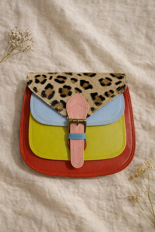 Handmade Leather Crossbody Bag - Romy - Walled Garden - Sun Leopard with colorful design and leopard print flap.