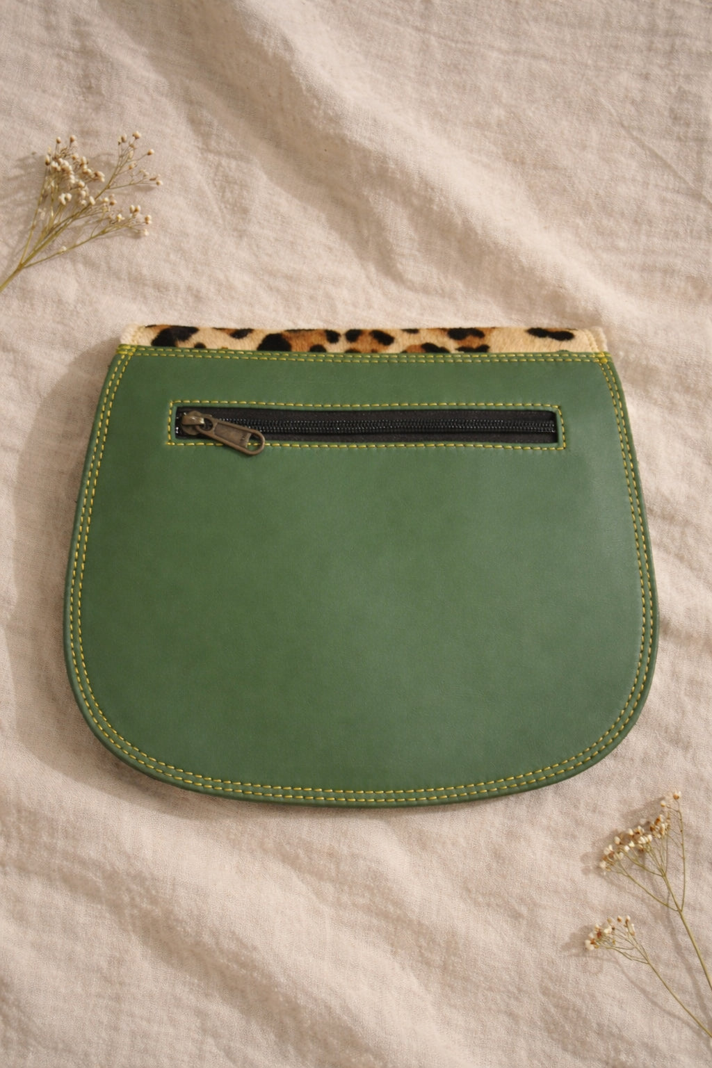 Handmade Leather Crossbody Bag - Romy - Walled Garden - Sun Leopard with colorful design and leopard print flap.