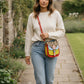 Handmade Leather Crossbody Bag - Romy - Walled Garden - Sun Leopard with colorful design and leopard print flap.