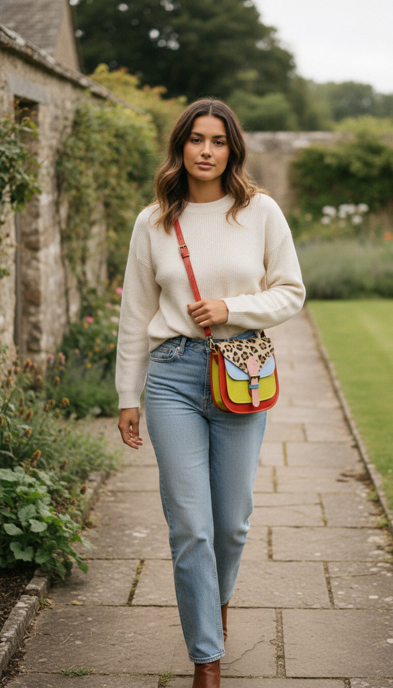 Handmade Leather Crossbody Bag - Romy - Walled Garden - Sun Leopard with colorful design and leopard print flap.