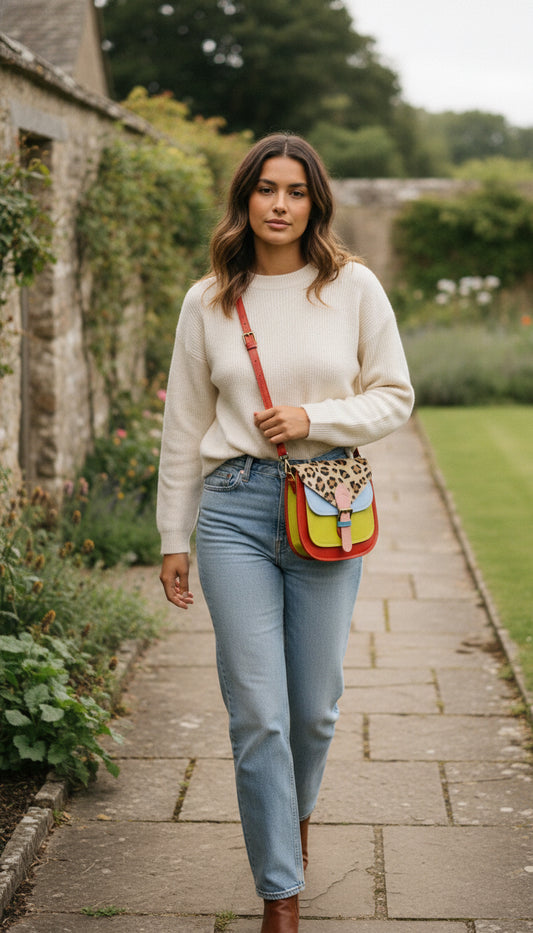 Handmade Leather Crossbody Bag - Romy - Walled Garden - Sun Leopard with colorful design and leopard print flap.