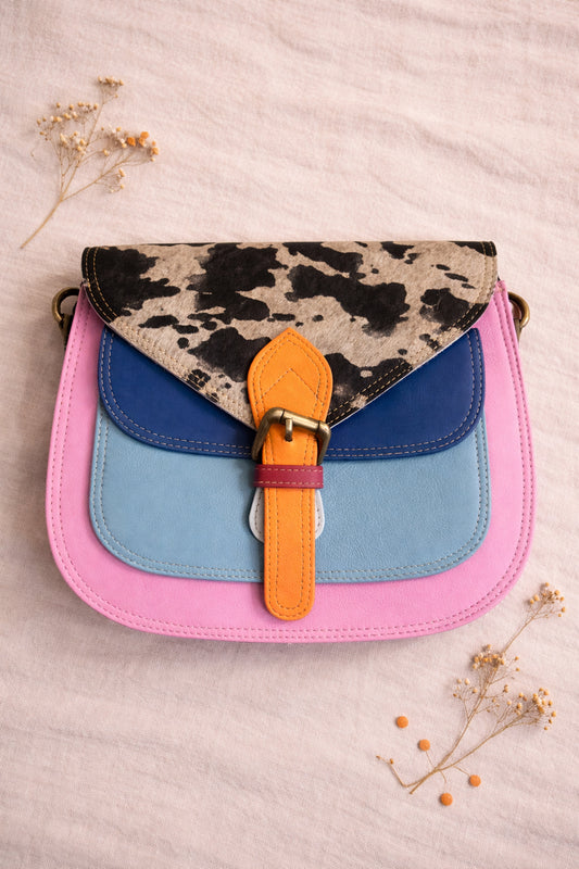 Handmade Leather Crossbody Bag in vibrant colors with multi-tone leather panels.