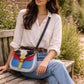 Handmade Leather Crossbody Bag featuring vibrant colors and unique textures, perfect for summer style.