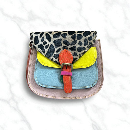 Handmade Leather Crossbody Bag - Romy - Cotton Candy Leopard
