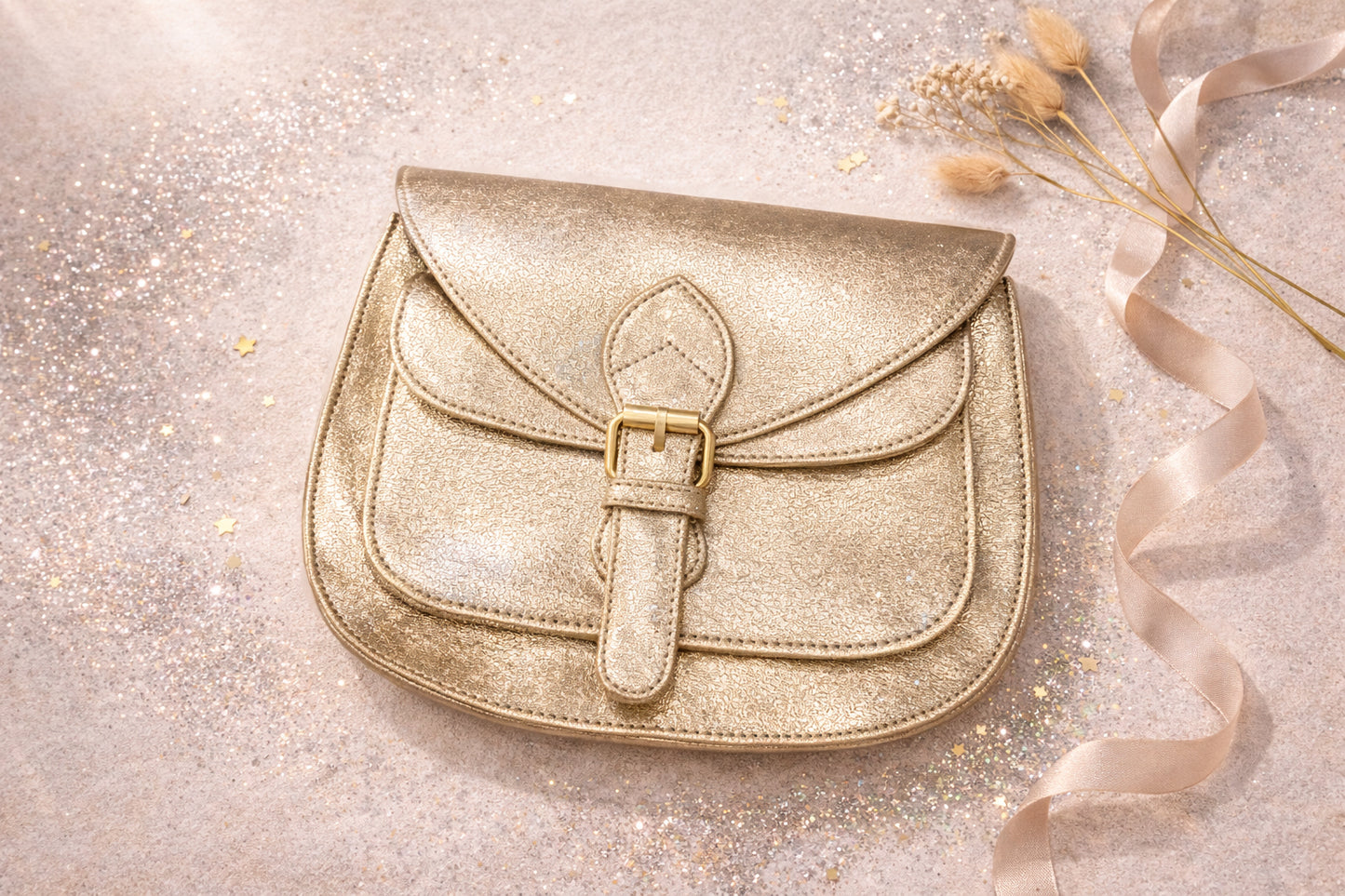Handmade Leather Crossbody Bag - Romy - Aurelia in metallic gold finish on a sparkling background.