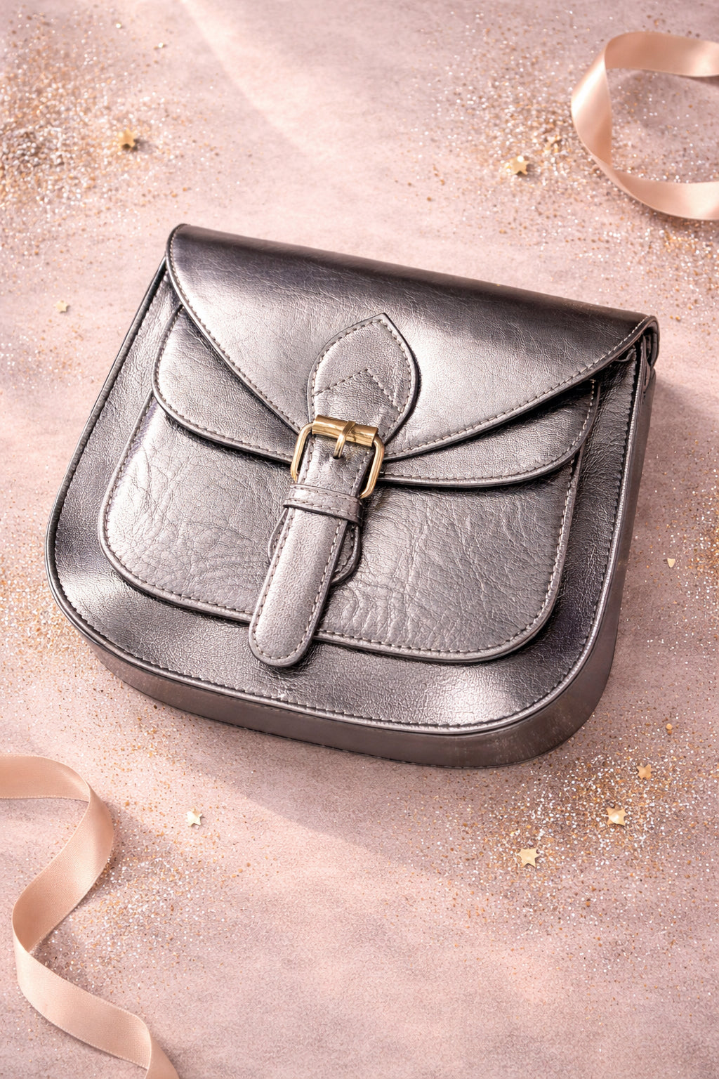 Handmade Leather Crossbody Bag - Romy - Luna in metallic finish with buckle detail on a soft background.