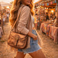 Woman with a brown leather bag walking through an outdoor market.