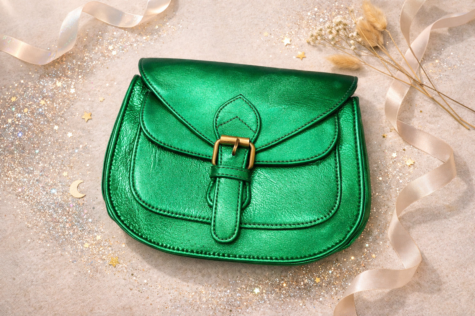 Handmade Leather Crossbody Bag in vibrant green worn at a festival, giving a stylish and fun vibe.