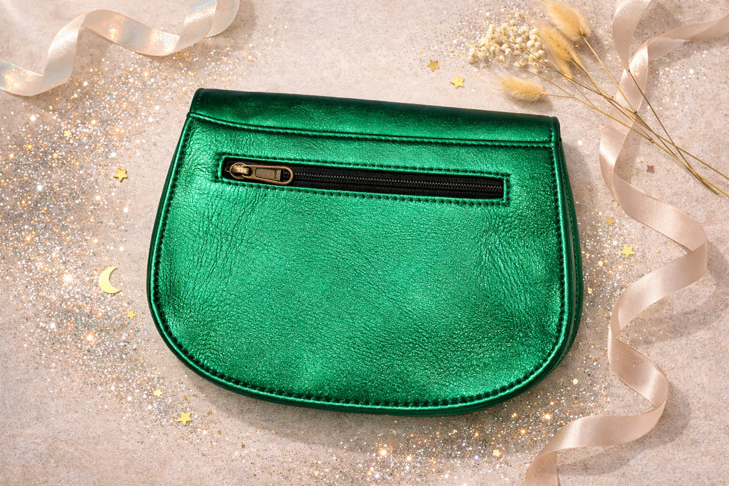 Handmade Leather Crossbody Bag in vibrant green worn at a festival, giving a stylish and fun vibe.