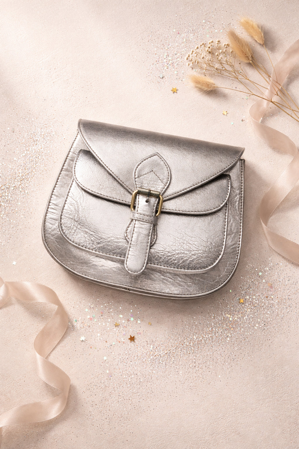 Handmade Leather Crossbody Bag - Romy - Aurum in metallic silver, surrounded by decorative elements and soft ribbons.
