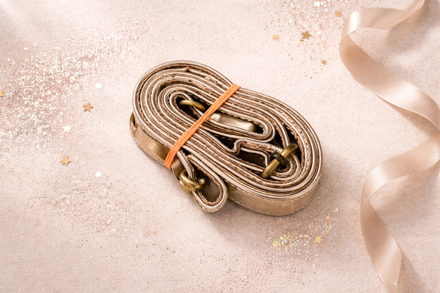Handmade Leather Crossbody Bag - Romy - Aurum in metallic silver, surrounded by decorative elements and soft ribbons.