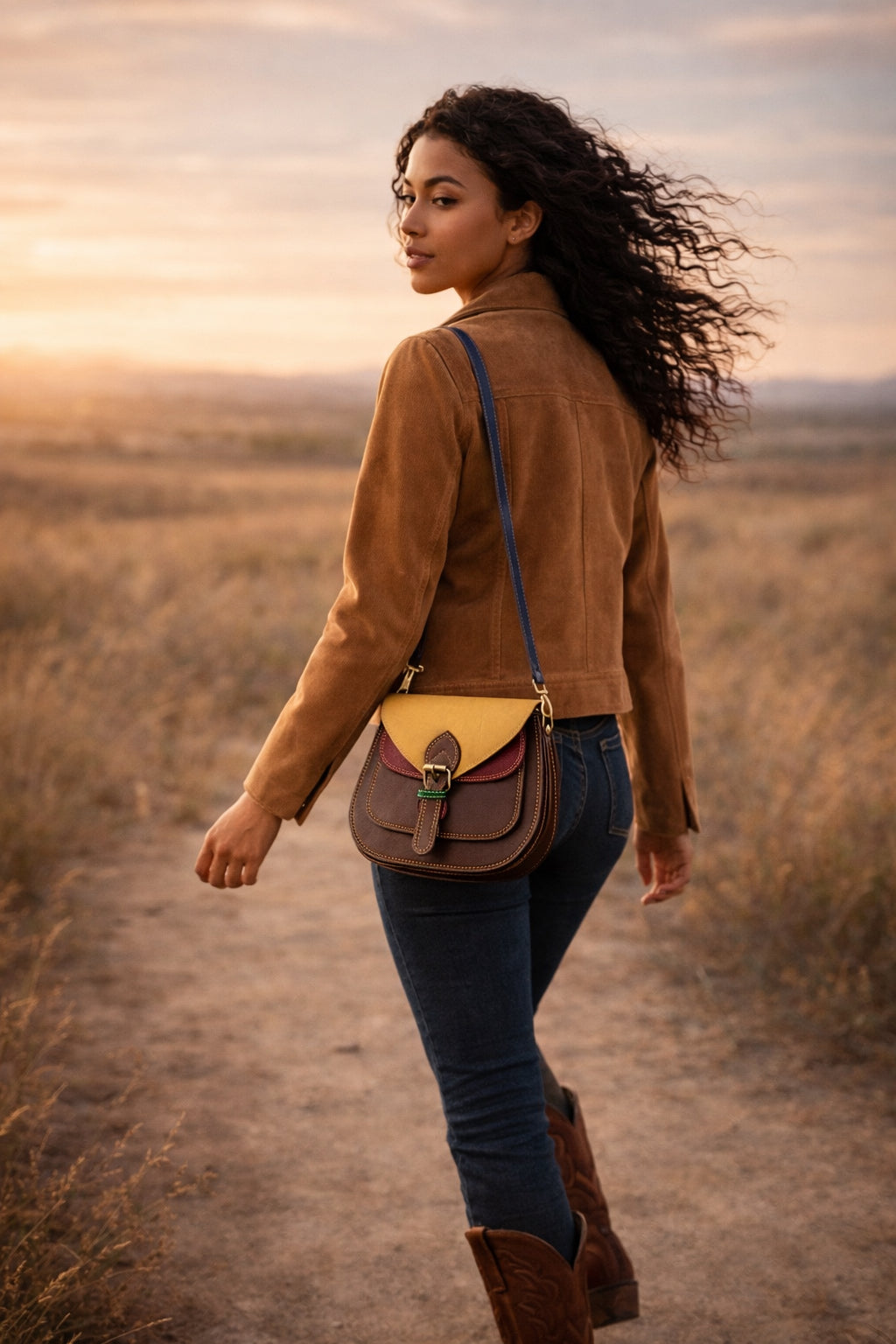 Handmade Leather Crossbody Bag - Romy in High Plains Blue, beautifully crafted from recycled leather with practical design.