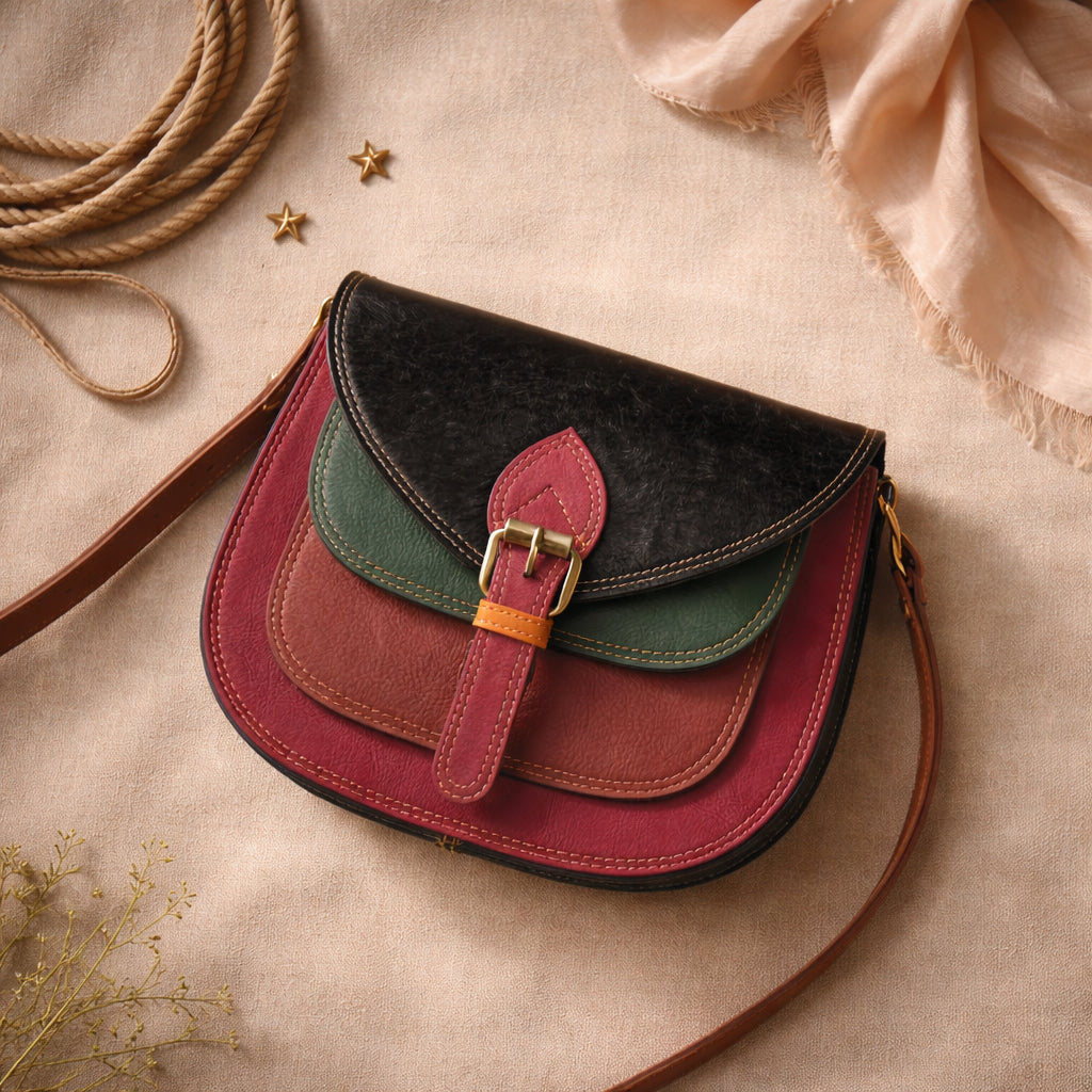 Handmade Leather Crossbody Bag - Romy featuring multiple colors and a stylish buckle strap on a textured background.