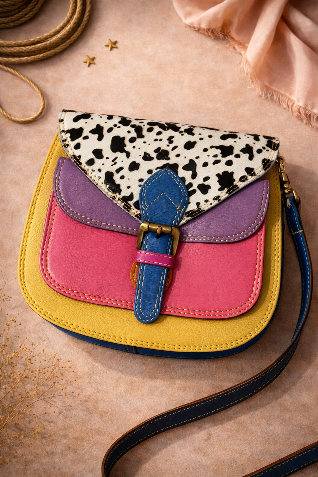 Handmade Leather Crossbody Bag featuring vibrant colors and a unique spotted design on the flap.