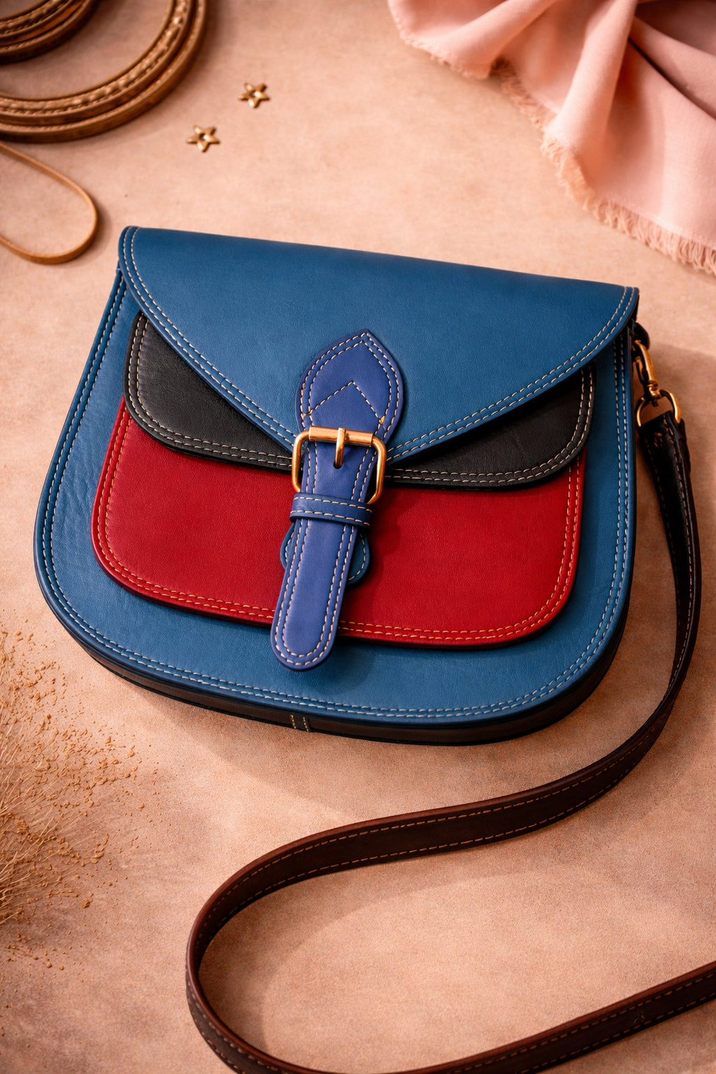 Handmade Leather Crossbody Bag - Romy - High Plains Painted Sky on a stylish background with a strap.