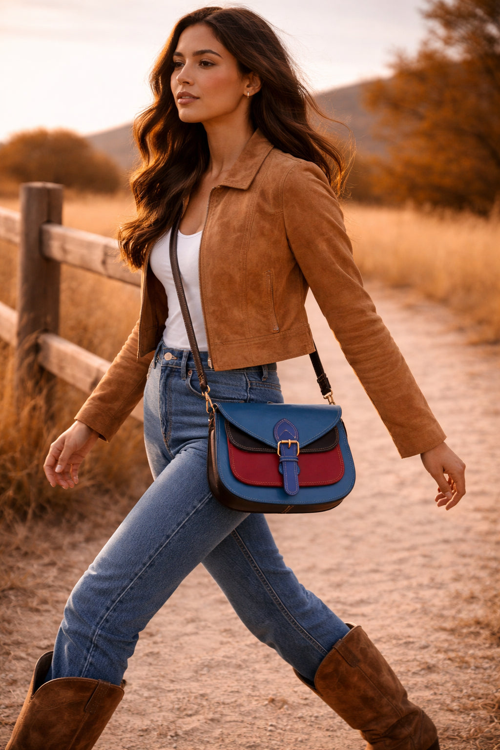 Handmade Leather Crossbody Bag - Romy - High Plains Painted Sky on a stylish background with a strap.