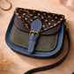 Handmade Leather Crossbody Bag - Romy in High Plains Sage Sky with polka dot flap and adjustable strap.