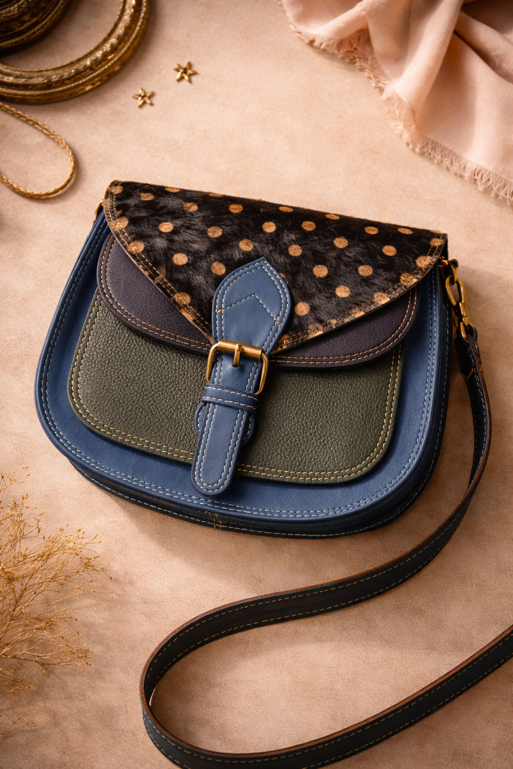 Handmade Leather Crossbody Bag - Romy in High Plains Sage Sky with polka dot flap and adjustable strap.