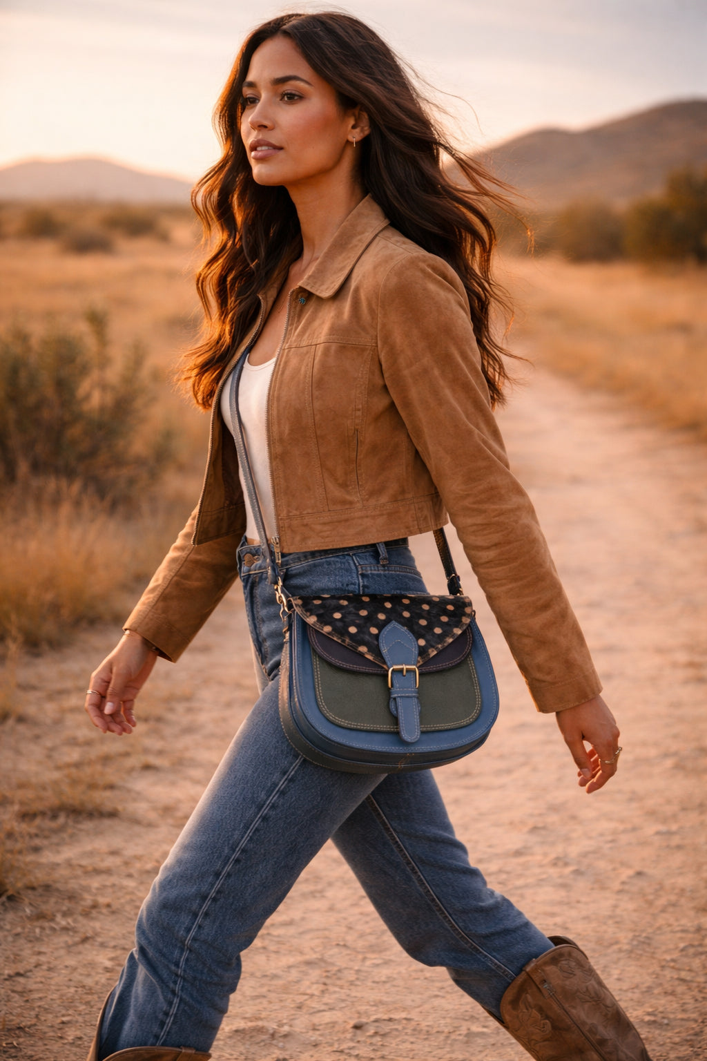Handmade Leather Crossbody Bag - Romy in High Plains Sage Sky with polka dot flap and adjustable strap.
