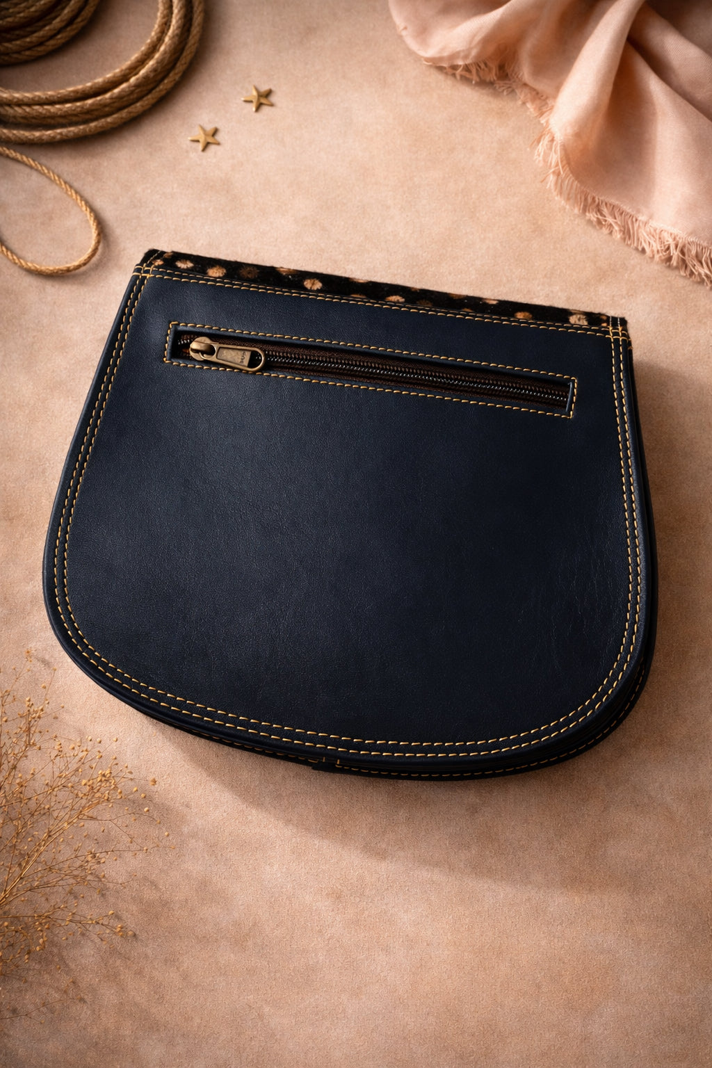 Handmade Leather Crossbody Bag - Romy in High Plains Sage Sky with polka dot flap and adjustable strap.