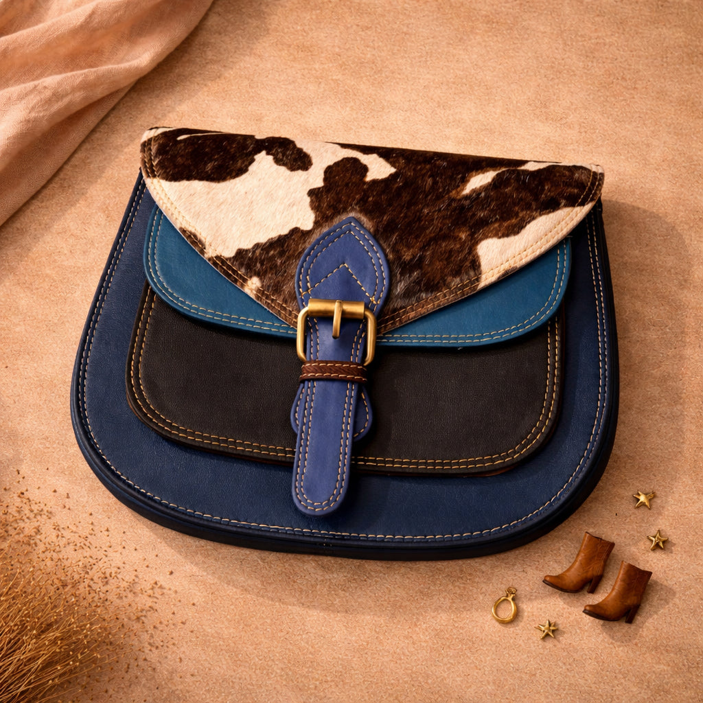 Model wearing a Handmade Leather Crossbody Bag, the Romy, in a scenic outdoor setting at sunrise.