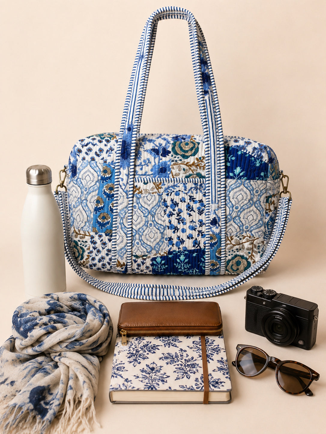 Handmade Duffle Bag - The Indria - Patchwork and Postcards -Bluebell