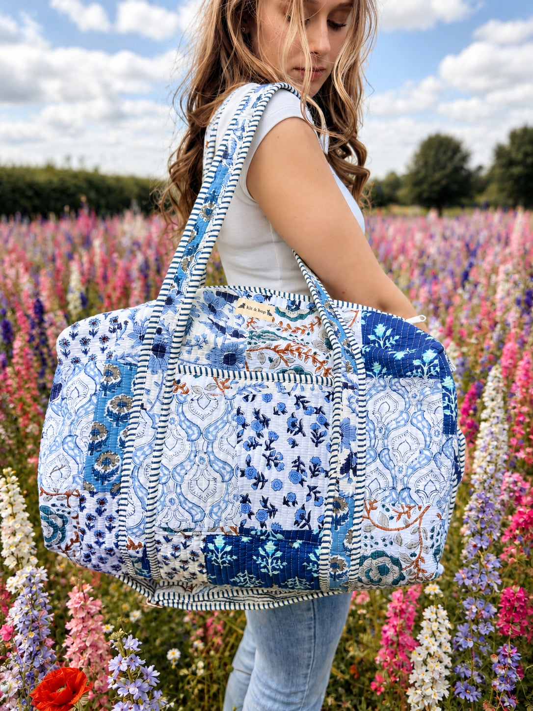 Handmade Duffle Bag - The Indria - Patchwork and Postcards -Bluebell
